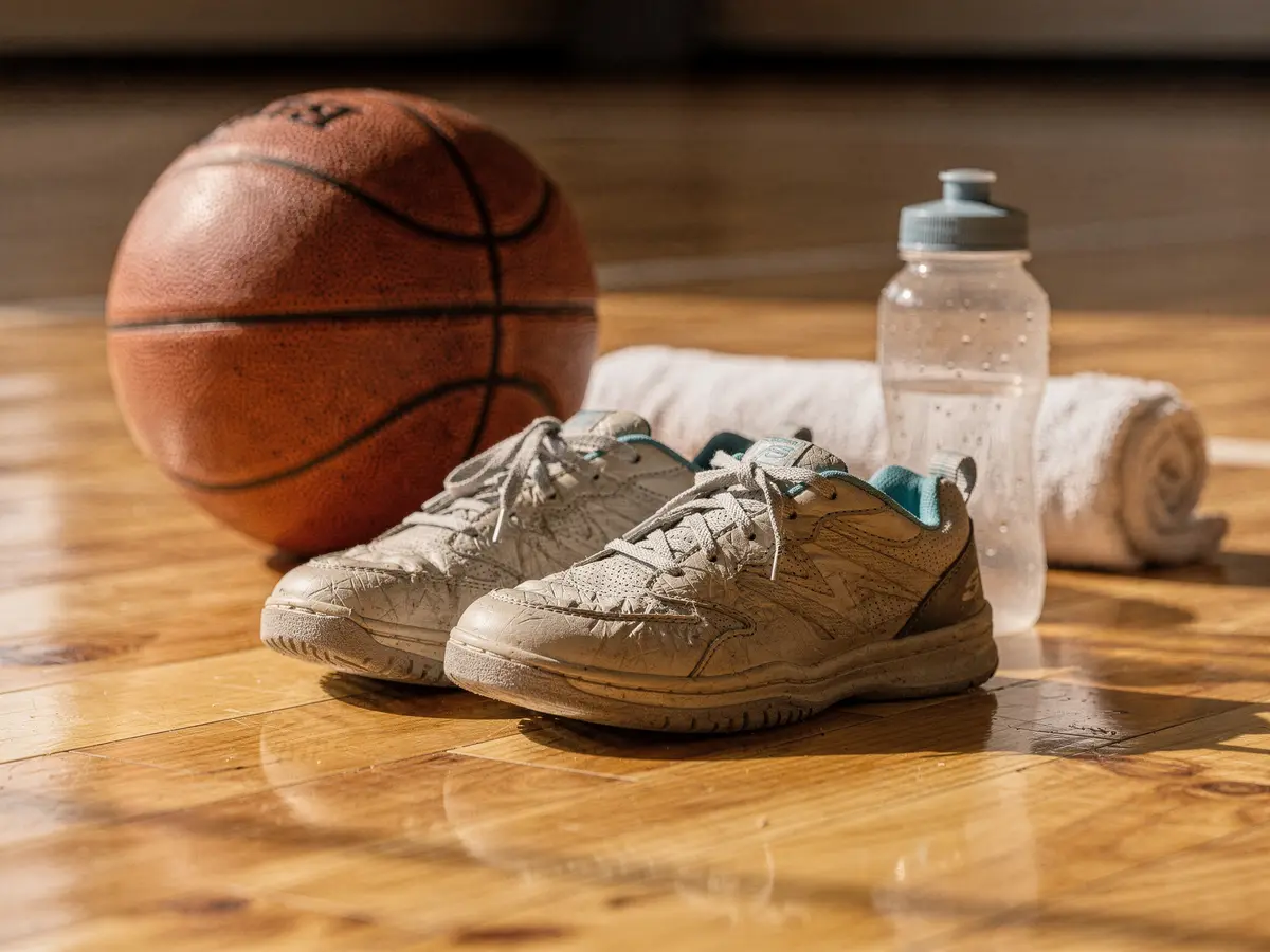Basketball shoes, a ball, a water bottle and a towel on a gym floor